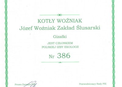 Członkowstwo w Polskiej Izbie Ekologii (pie) Kotły Woźniak